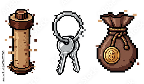 Pixel art treasure map, key ring, and money bag icons on white background