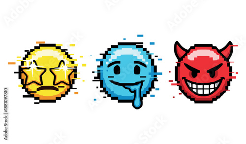 Glitchy pixel art emojis: starry-eyed, drooling, devilish faces in vibrant colors