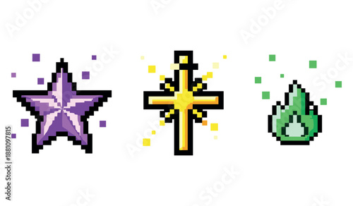 Pixel art symbols: purple star, yellow cross, green flame representing magic elements