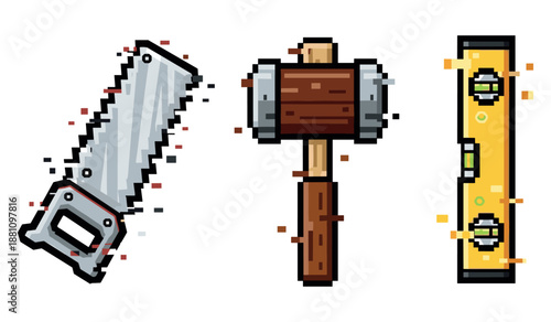 Pixel art tools - saw, hammer, and level with vibrant details