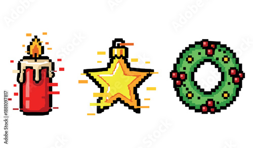 Festive pixel art: candle, star ornament, and holiday wreath in vibrant colors