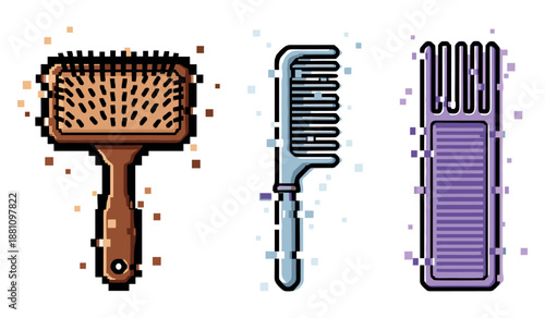 Digitized hair combs: pixel art style paddle brush, wide tooth comb, and fine tooth comb