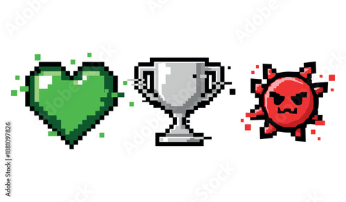 Pixel art symbols: green heart, silver trophy, angry sun emoji