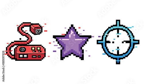 Retro gaming icons: gamepad, purple star, crosshair - pixel art style