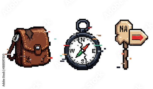 Retro pixel art adventure icons: backpack, compass, map sign in 8-bit style