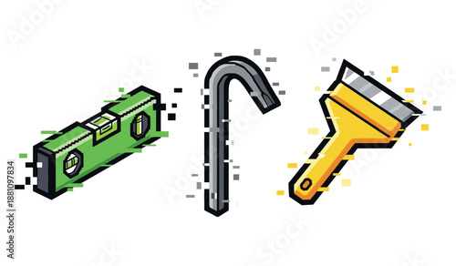 Pixel art of level, crowbar, and paintbrush tools