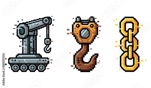 Pixel art: industrial crane, hook, and chain icons