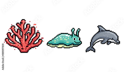 Pixel art marine life: coral, sea slug, and dolphin icon set