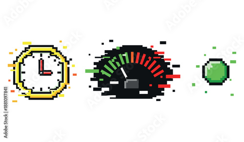 Pixel art speed concepts: clock, speedometer, and green gem icons