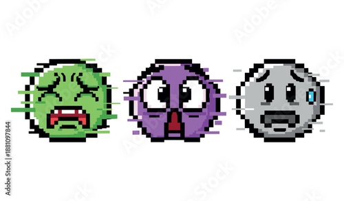 Pixel art emojis: nauseous, shocked, and sad faces in green, purple, and gray