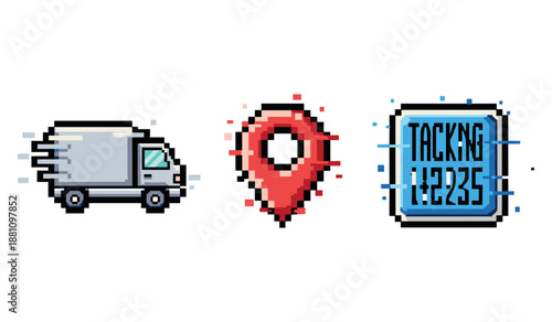 Pixel art delivery truck with gps pin and tracking code
