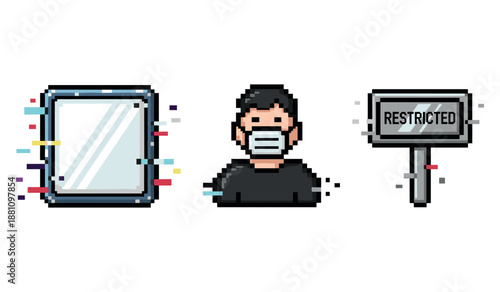 Pixel art reflection and warning sign with asian male character wearing mask