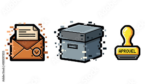 Email icon set with checklist, storage box, and approval stamp