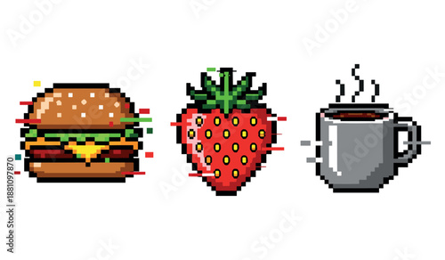 Pixel art burger, strawberry, and coffee mug with retro glitch effect