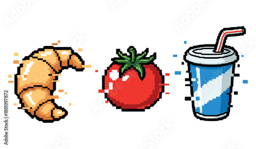 Pixel art croissant tomato and drink with straw on white background