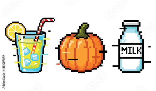 Pixel art lemonade, pumpkin, and milk bottle on white background