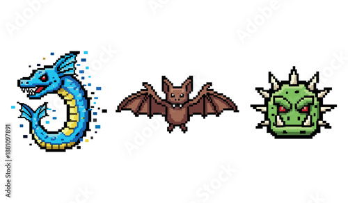 Colorful pixel art creatures: blue dragon, brown bat, and spiky green monster