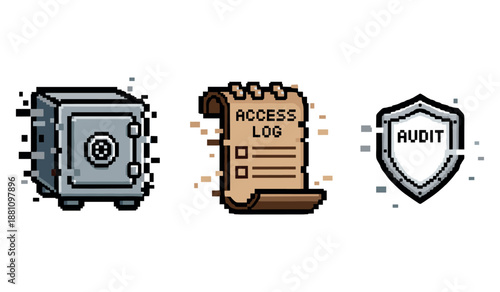 Pixel art icons: safe, access log, audit shield for security management