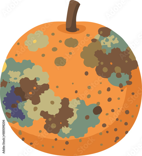 A flat vector illustration of an orange covered with brown and moldy patches, representing visible fruit spoilage and decay.