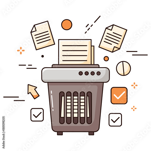 Office paper shredder with floating documents and check marks