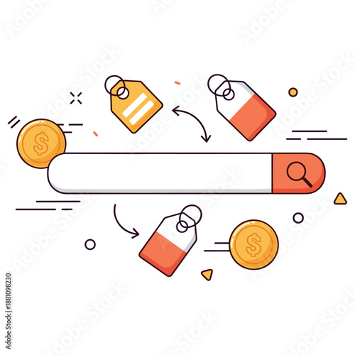 Cartoon search bar with price tags and coins symbolizing online shopping