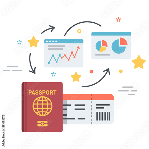 Illustration of passport and airline ticket with charts and arrows