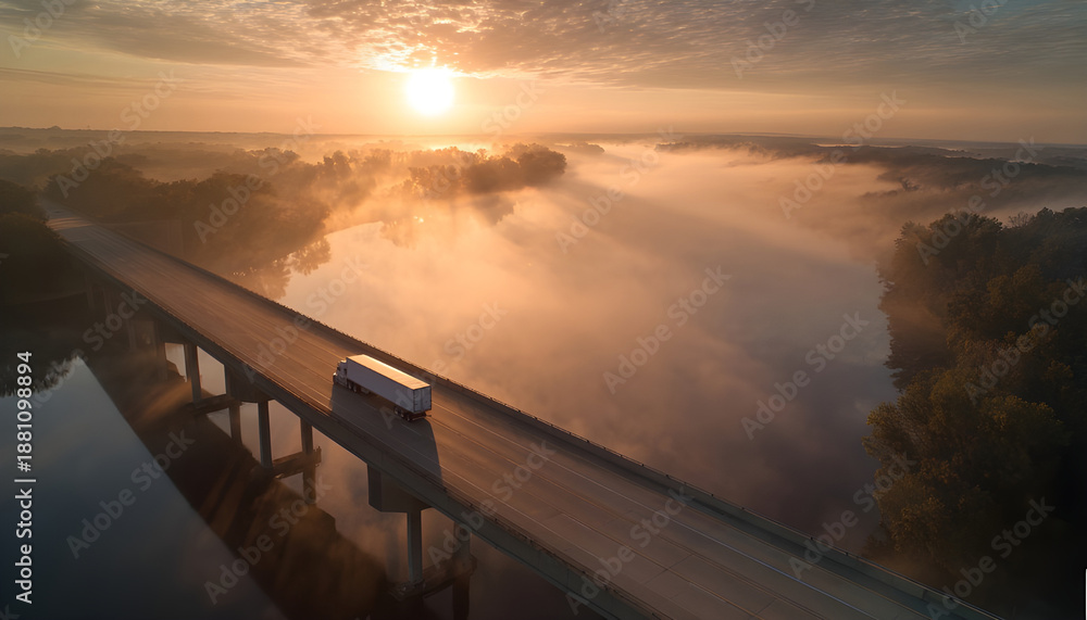 Fototapeta premium Tracking aerial shot of semi truck driving on bridge over river during sunrise with light streaks and fog on the water followed by other trucks.