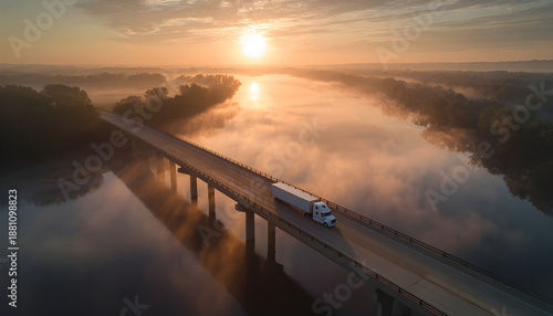 Wallpaper Mural Tracking aerial shot of semi truck driving on bridge over river during sunrise with light streaks and fog on the water followed by other trucks. Torontodigital.ca