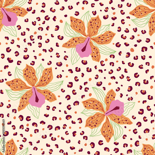 Hand painted leopard skin floral seamless pattern. Tropical summer beach textile design, wallpaper. Jungle flower decorated jaguar animal skin spots. Cute vector repeat background, surface, fabric