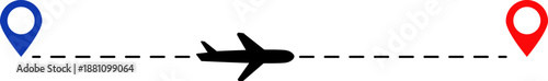 Airplane flying between two locations, starting at the blue dot and arriving at a red dashed flight path on a white background