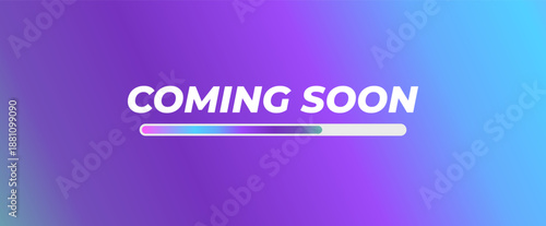 Coming Soon banner, website launch teaser, loading progress bar, futuristic digital background with purple and blue gradient, teaser message, modern countdown display for new products