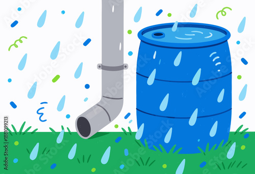 rainwater collection barrel under falling rain with grass and colorful droplets