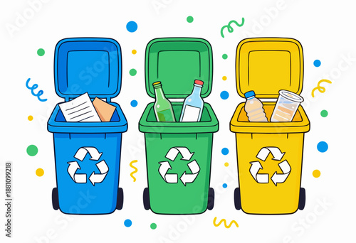 colorful recycling bins with bottles and paper promoting environmental awareness