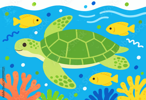 colorful sea turtle swimming with fish and coral in a vibrant cartoon ocean illustration