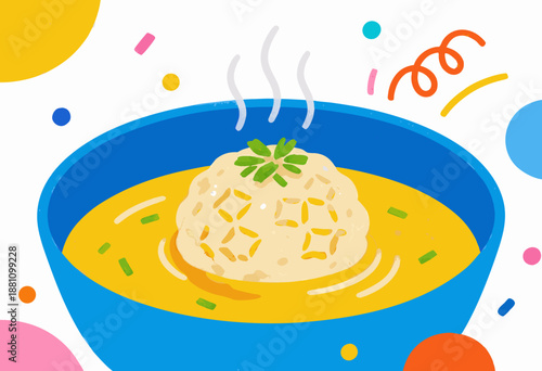 steaming bowl of matzo ball soup in colorful festive setting with parsley garnish