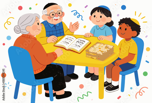 children learning hebrew with elderly in festive setting, colorful table and chairs
