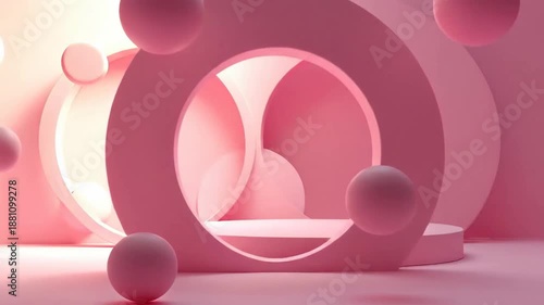 Minimalist pink product display podium with geometric shapes, perfect for showcasing cosmetics.