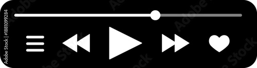 Dark music player interface, elegant user experience, audio panel, modern play button icons, heart symbol and progress bar, digital sound controls for mobile apps and streaming services