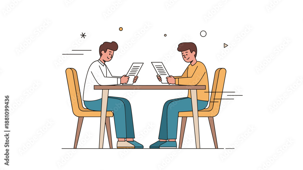 Fototapeta premium Two young caucasian males reading papers at a table in a minimalist setting