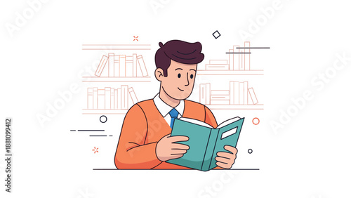 Young caucasian male reading book in library