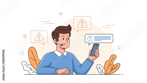 Young caucasian male customer support agent with headset answering queries on smartphone