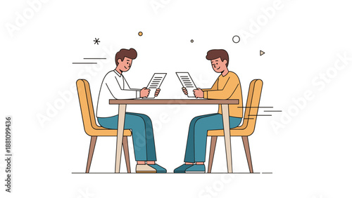 Two young caucasian males reading papers at a table in a minimalist setting