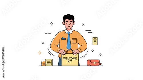 Male office worker with welcome kit at desk in professional setting