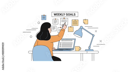 Female adult caucasian planning weekly goals at desk with laptop and lamp