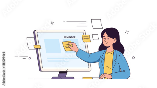 Young female working on computer with sticky notes for task management