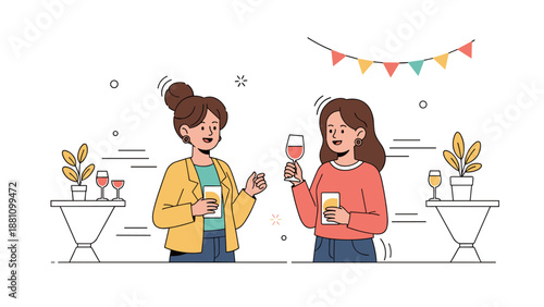 Two young women socializing at a festive gathering with drinks