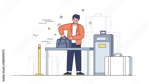 Young asian male packing bag at airport security checkpoint