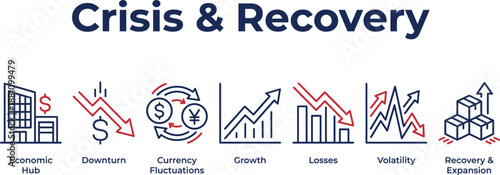 Crisis and recovery illustration showing economic hub, downturn, currency fluctuations, market losses, volatility, growth trends, and recovery expansion in global financial economy