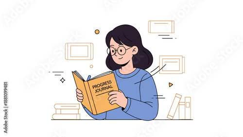 Asian female reading progress journal with glasses in minimalist study setting