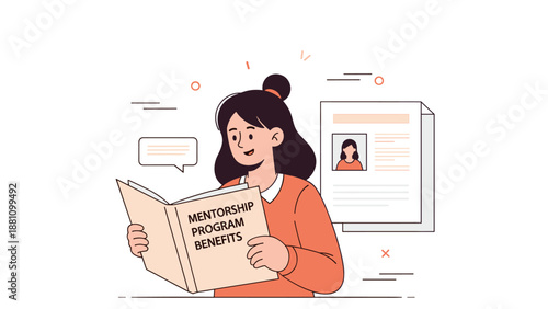 Asian female reading mentorship program benefits with resume background